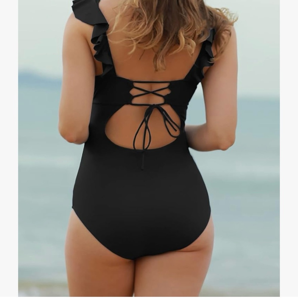 Black Ruffled Maternity Swimsuit - Picture 2 of 4